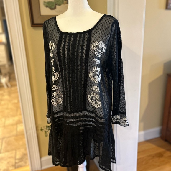 Free People Black Sheer Blouse with White Embroidery - Picture 10 of 13